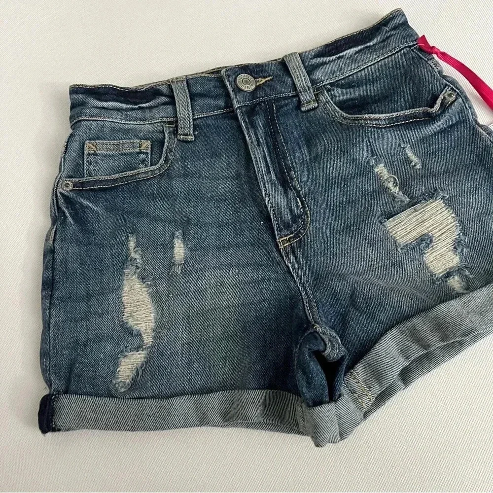 Justice Girls Mini Mom Destroyed Blue Denim Shorts Size 12 Cuffed Hem Pockets